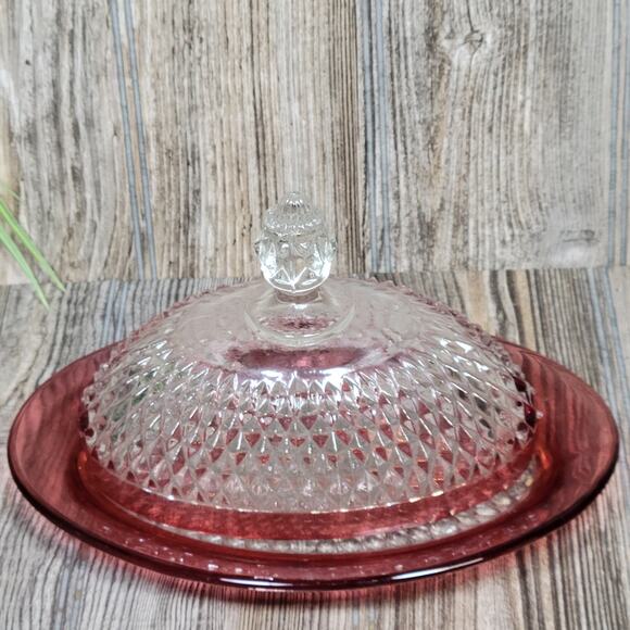 Vintage Oval Covered Butter Diamond Point Ruby, Indiana Glass - Picture 2 of 4